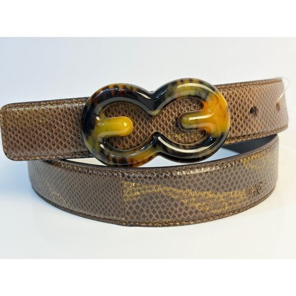 Rare Escada 90’s Brown Gold Leather Belt Tortoise Buckle Size L US 32 main image 10